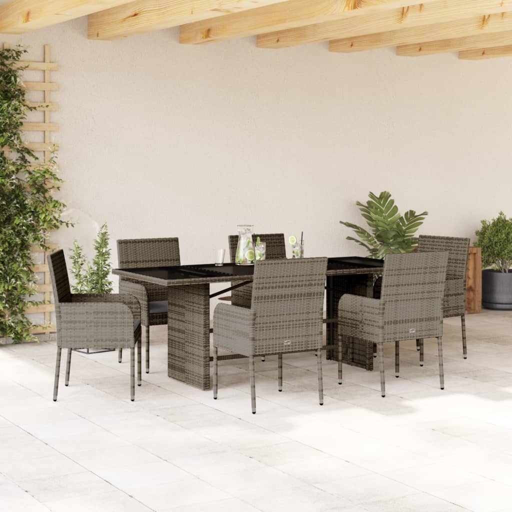 7 Pcs conjunto de jantar p/ jardim c/ almofadões vime PE cinza