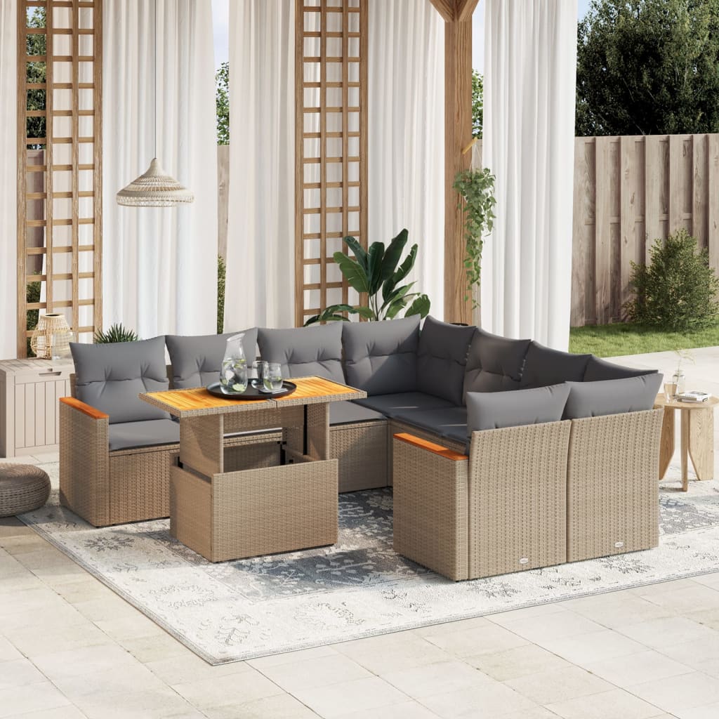 9 Pcs conjunto de sofás p/ jardim com almofadões vime PE bege