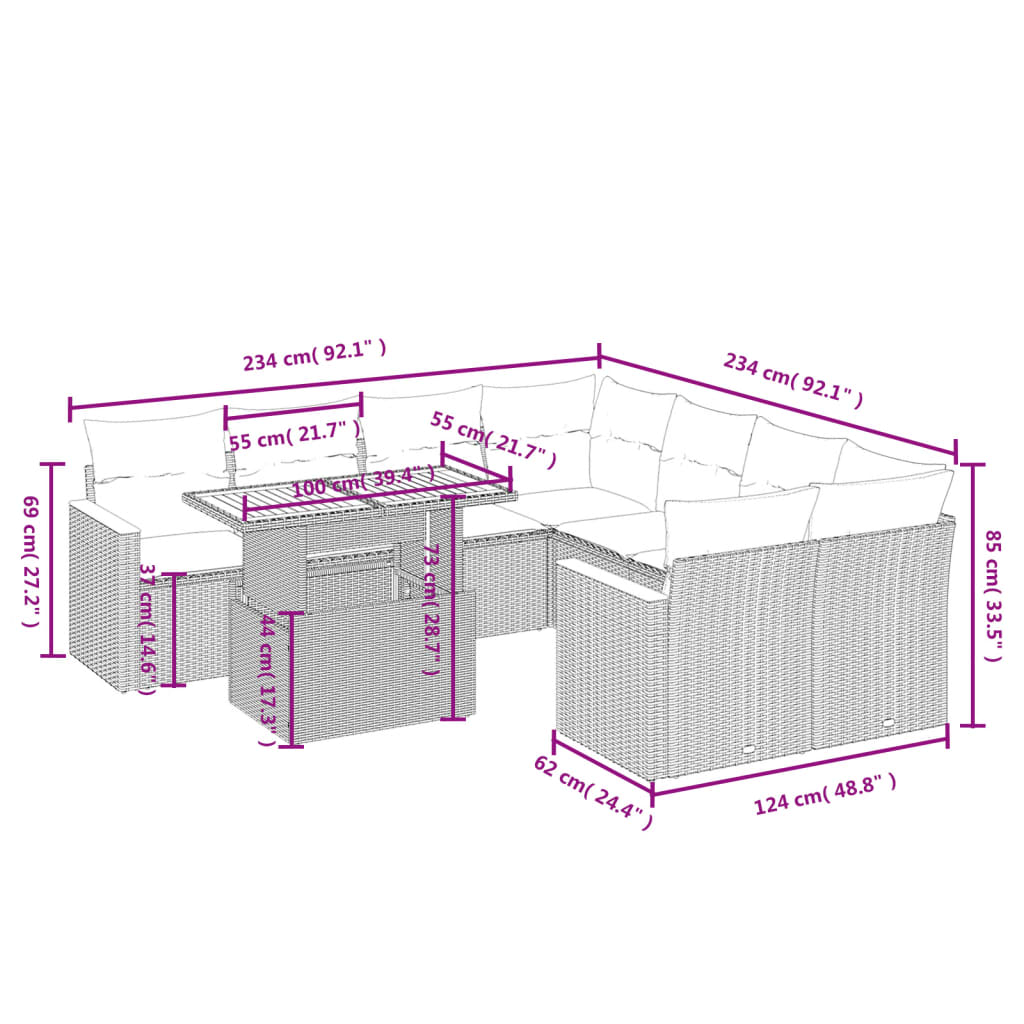 9 Pcs conjunto de sofás p/ jardim com almofadões vime PE bege
