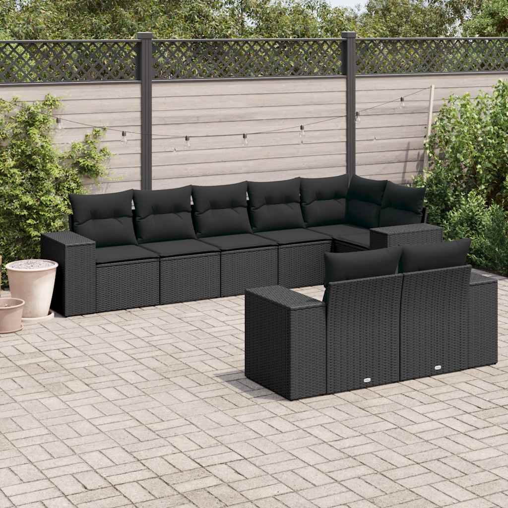 8 Pcs conjunto sofás de jardim com almofadões vime PE preto