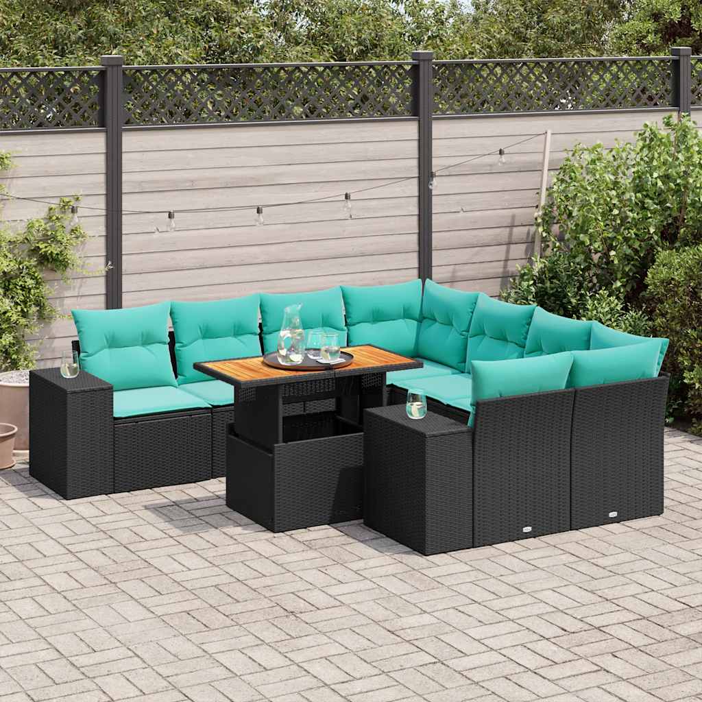 9 Pcs conjunto de sofás p/ jardim c/ almofadões vime PE preto