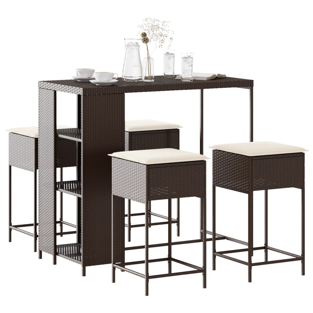 5 Pcs conjunto de bar p/ jardim c/ almofadões vime PE castanho