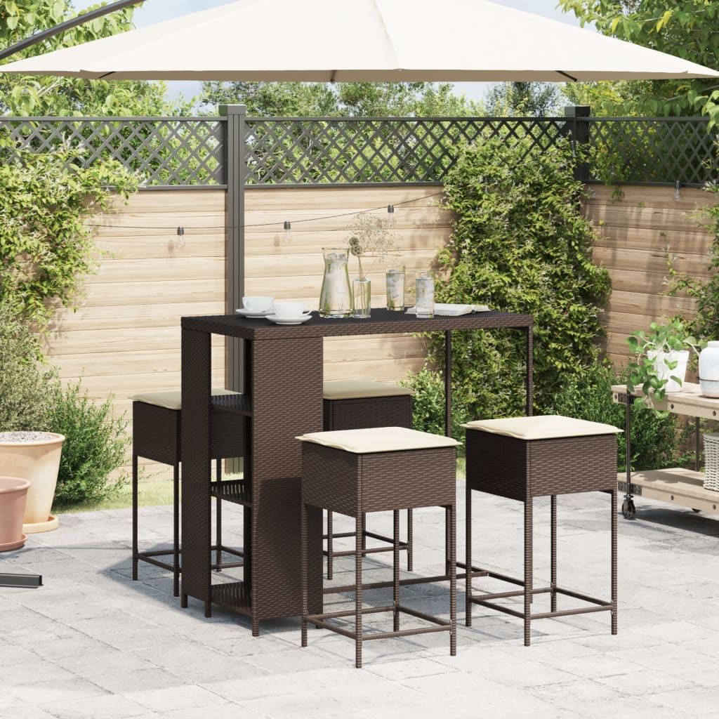 5 Pcs conjunto de bar p/ jardim c/ almofadões vime PE castanho