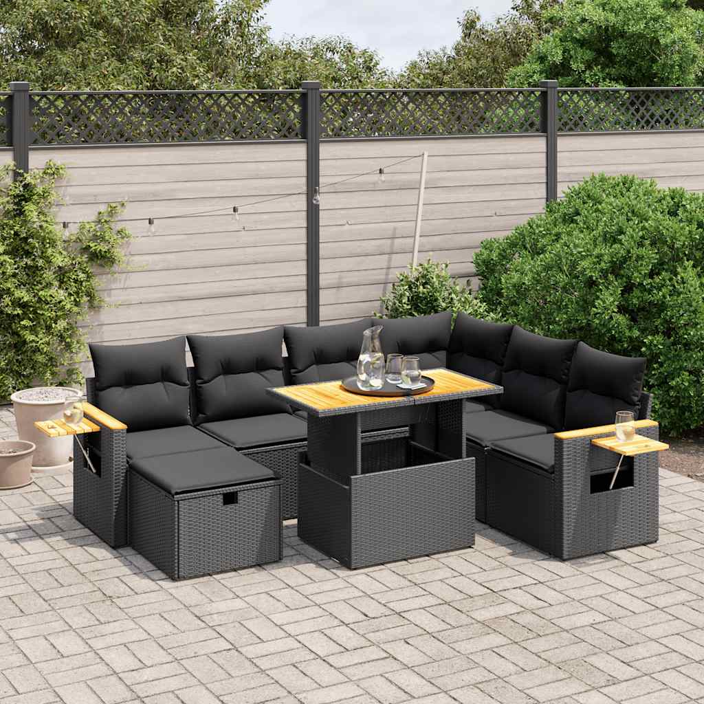 8 Pcs conjunto sofás de jardim com almofadões vime PE preto