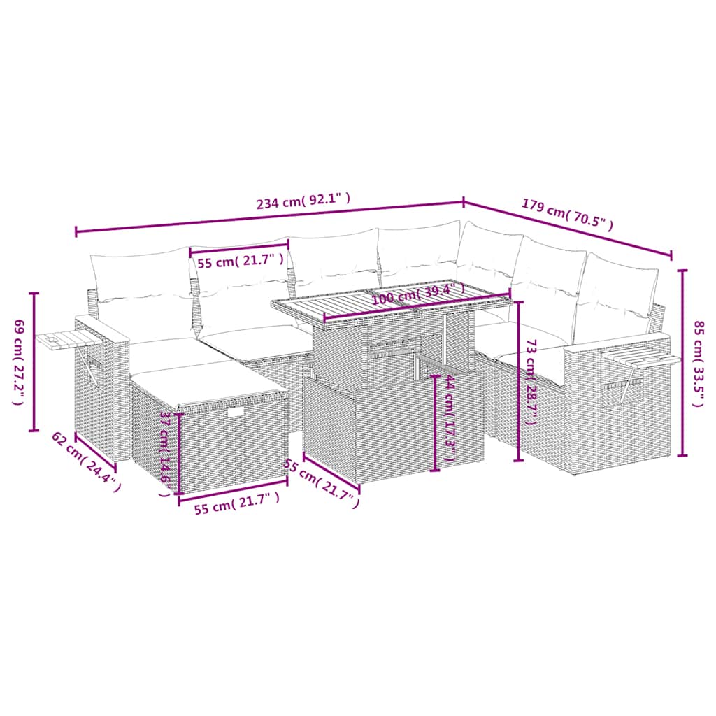8 Pcs conjunto sofás de jardim com almofadões vime PE preto