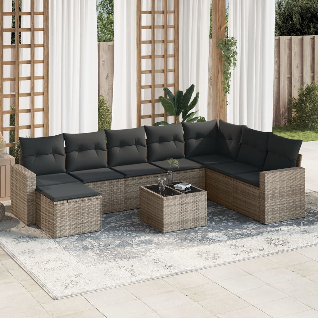 9 Pcs conjunto sofás p/ jardim com almofadões vime PE cinzento