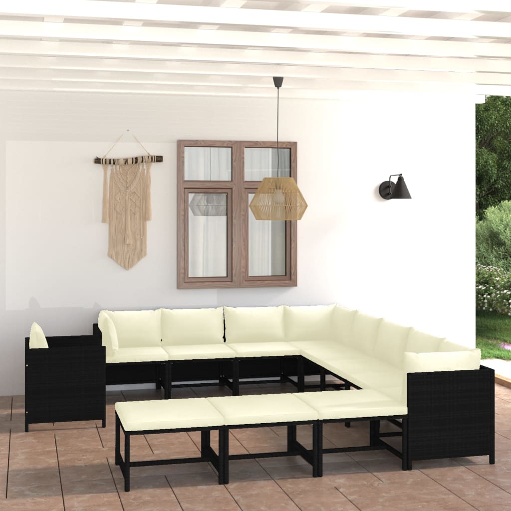12 Pcs conjunto lounge de jardim c/ almofadões vime PE preto