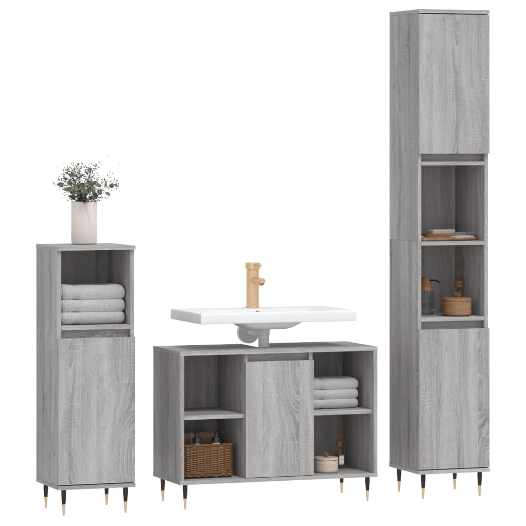 3 Pcs conjunto móveis casa de banho madeira proc. cinza sonoma