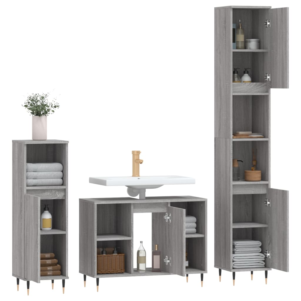 3 Pcs conjunto móveis casa de banho madeira proc. cinza sonoma