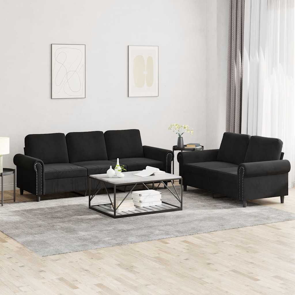 2 Pcs conjunto de sofás com almofadões veludo preto