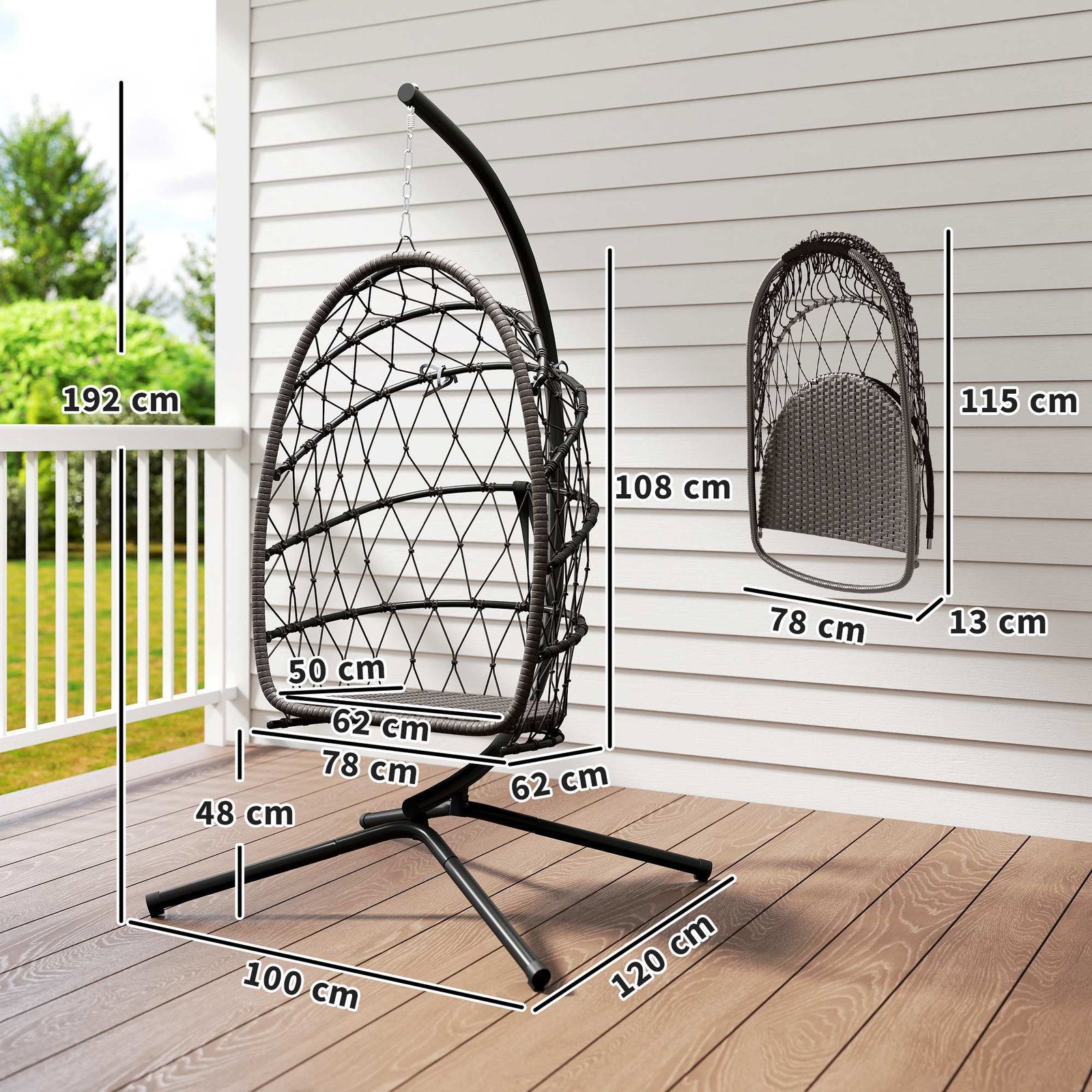 Cadeira suspensa tipo ovo com suporte, cesto dobrável, almofada, apoio de cabeça e corda, suporta até 120 kg, castanha