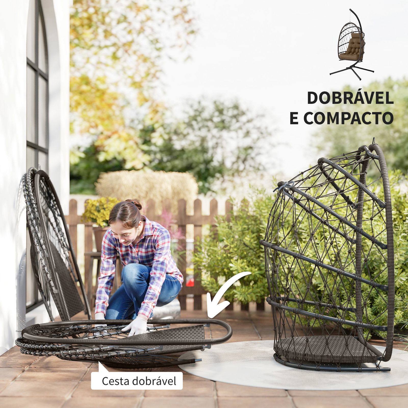 Cadeira suspensa tipo ovo com suporte, cesto dobrável, almofada, apoio de cabeça e corda, suporta até 120 kg, castanha