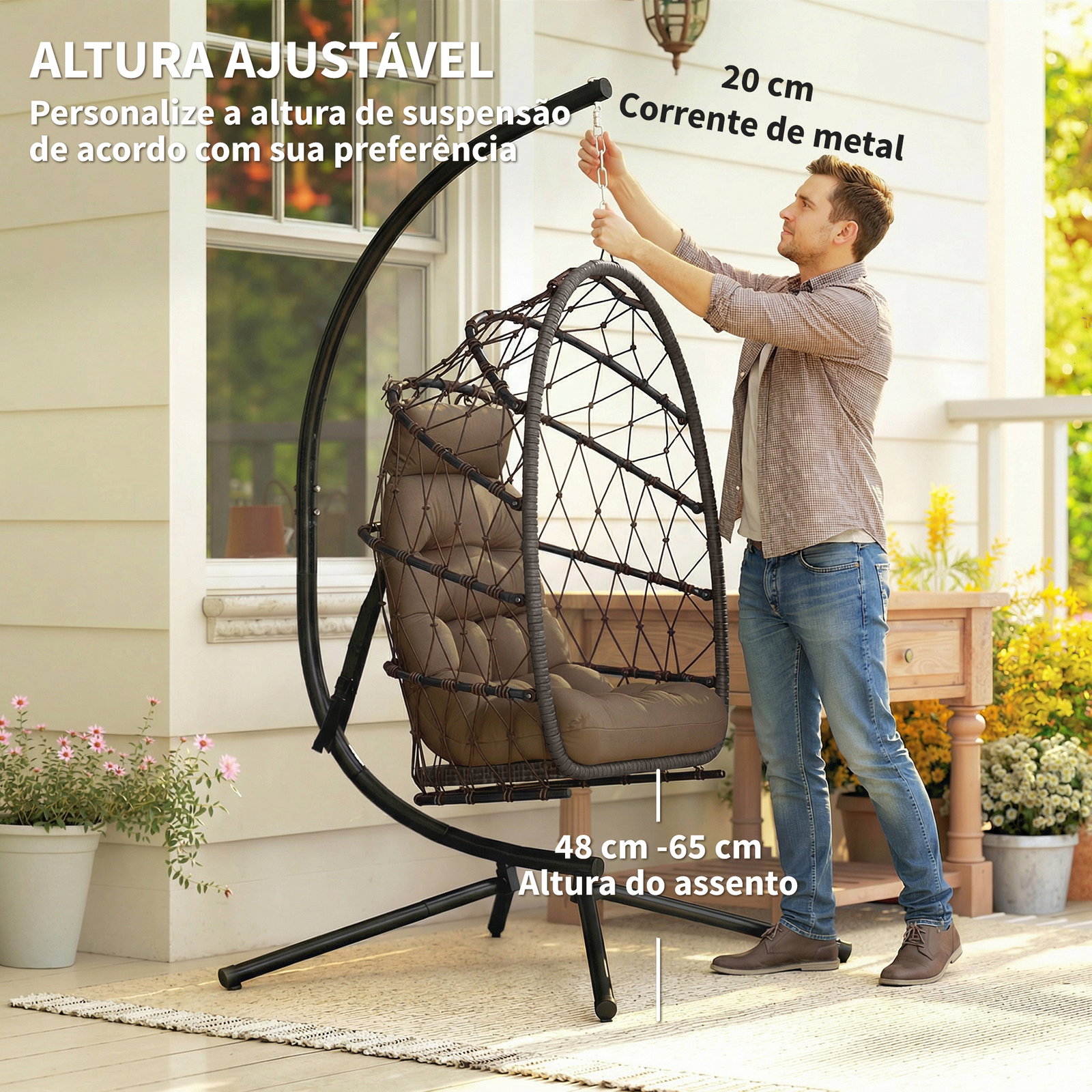 Cadeira suspensa tipo ovo com suporte, cesto dobrável, almofada, apoio de cabeça e corda, suporta até 120 kg, castanha