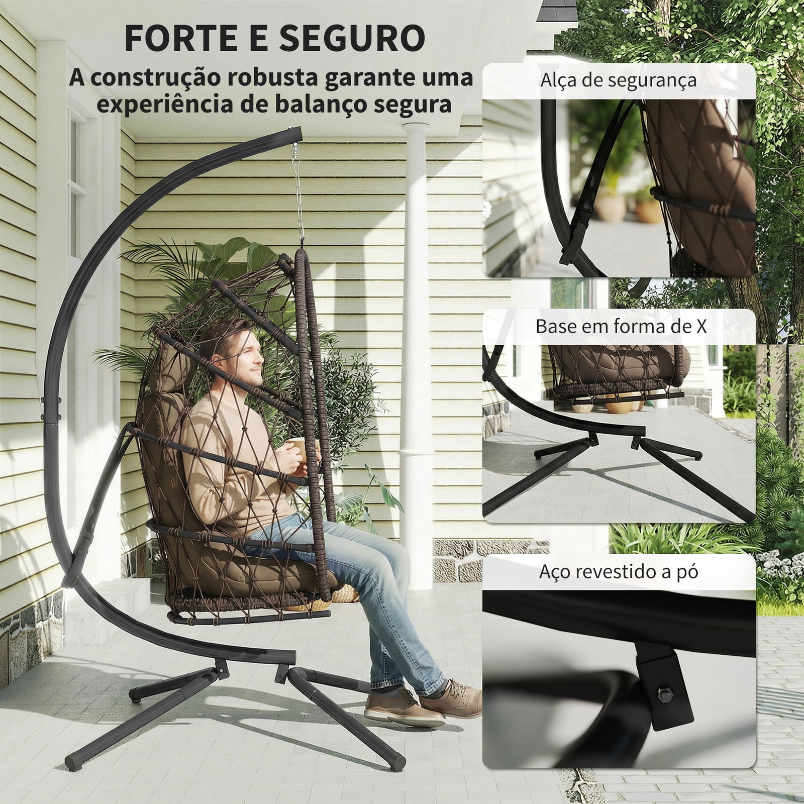 Cadeira suspensa tipo ovo com suporte, cesto dobrável, almofada, apoio de cabeça e corda, suporta até 120 kg, castanha