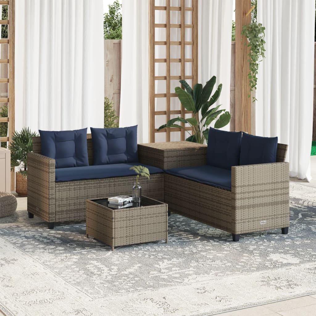Sofá de jardim em formato de l com mesa e almofadas, em rattan sintético cinza