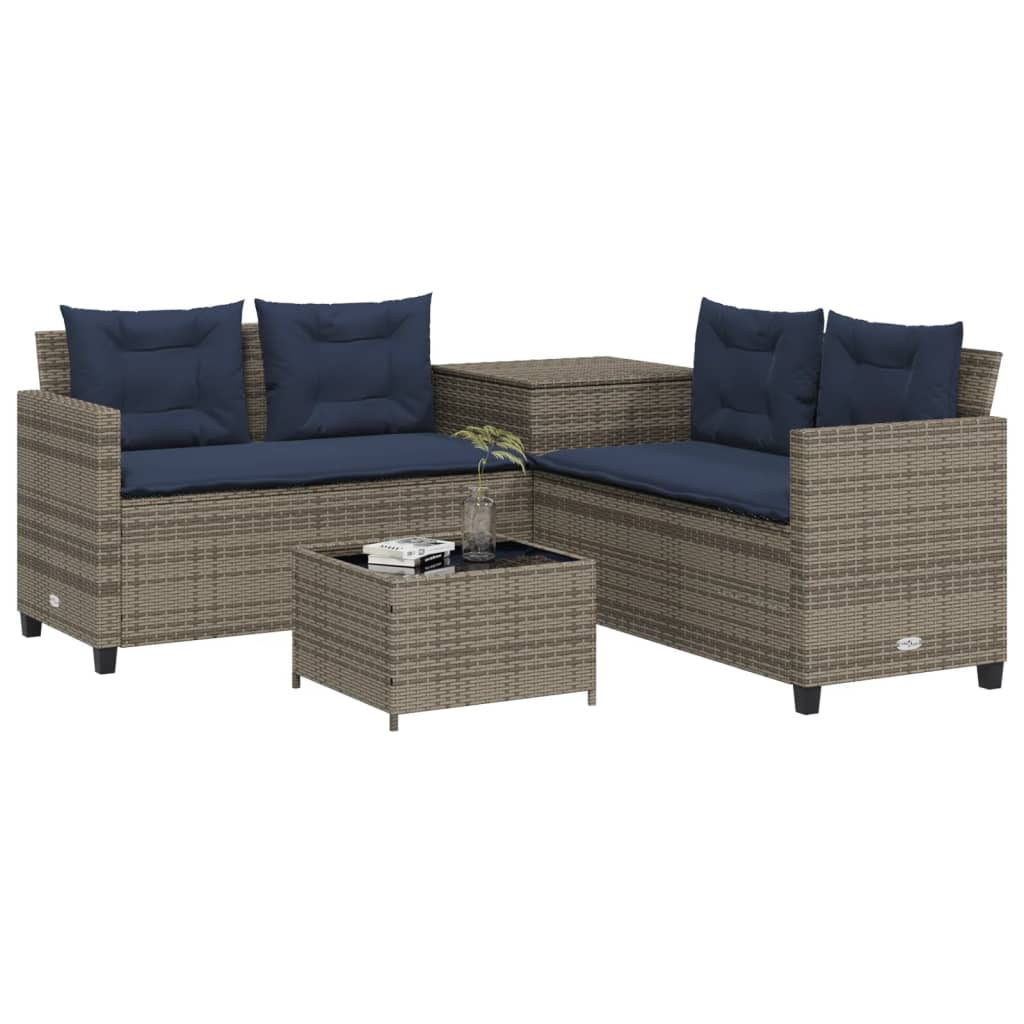 Sofá de jardim em formato de l com mesa e almofadas, em rattan sintético cinza
