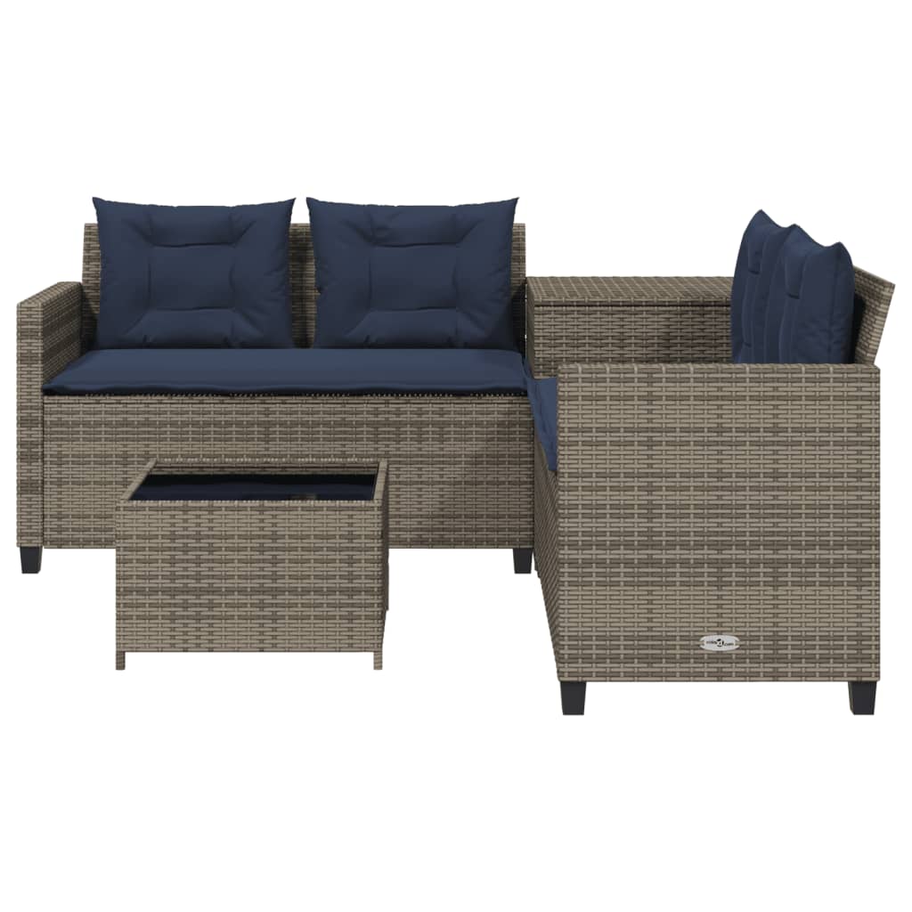 Sofá de jardim em formato de l com mesa e almofadas, em rattan sintético cinza