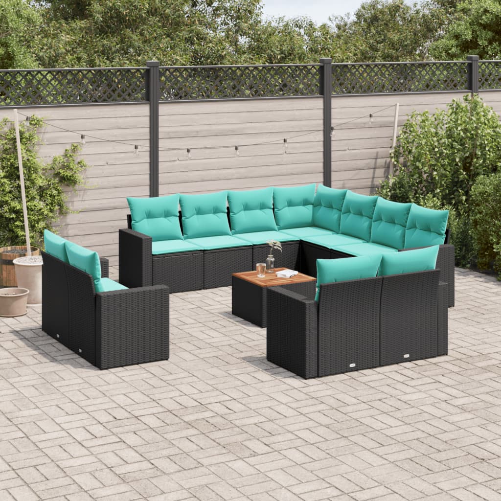 12 Pcs conjunto de sofás de jardim com almofadões vime PE preto