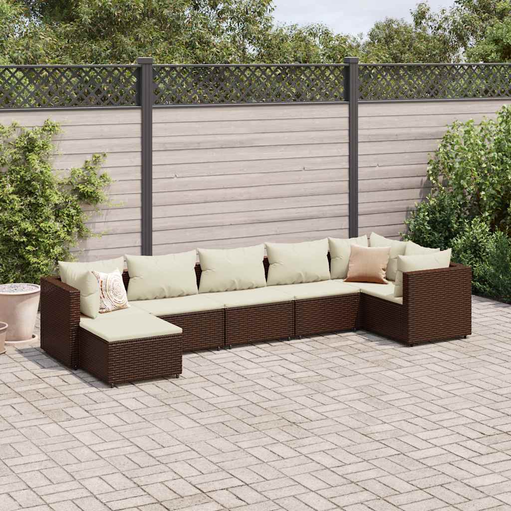 7 Pcs conjunto lounge de jardim c/ almofadões vime PE castanho