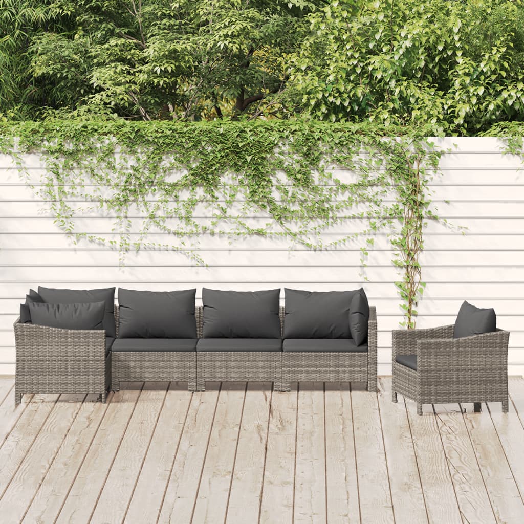 6 Pcs conjunto lounge de jardim c/ almofadões vime PE cinzento