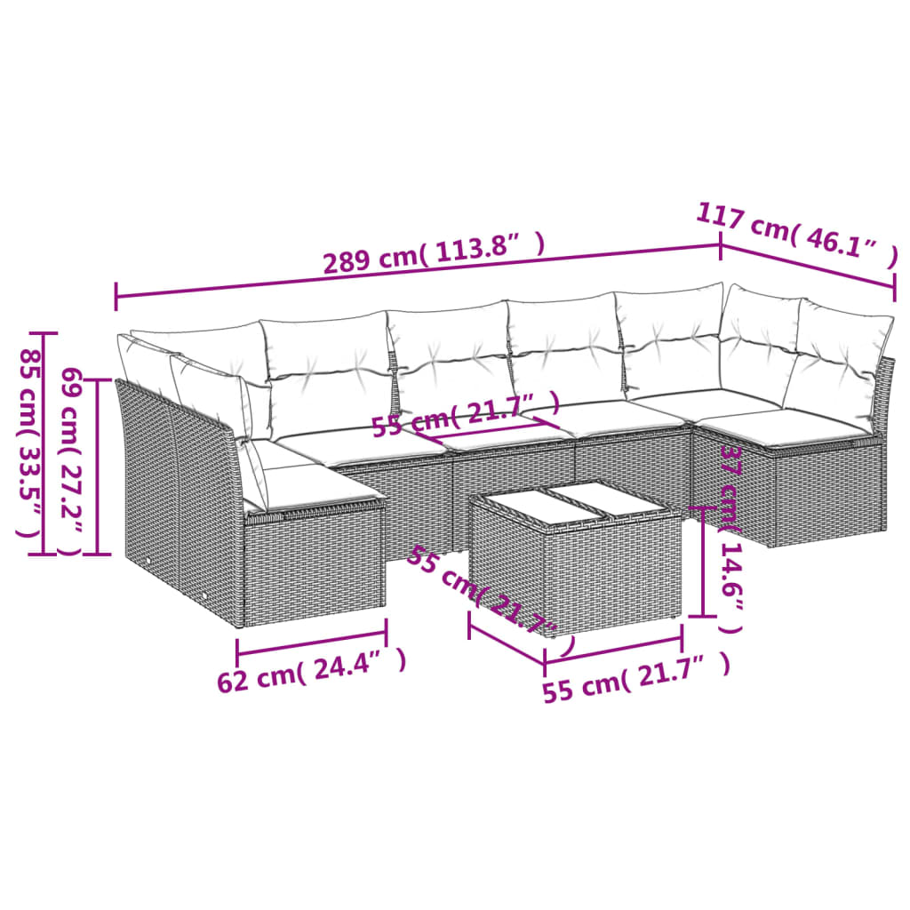 8 Pcs conjunto sofás de jardim c/ almofadões vime PE cinzento
