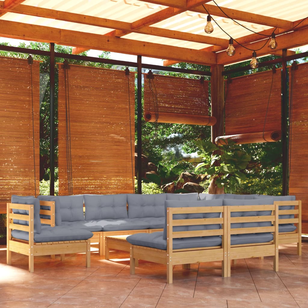 10Pcs conjunto lounge de jardim + almofadões cinza pinho maciço