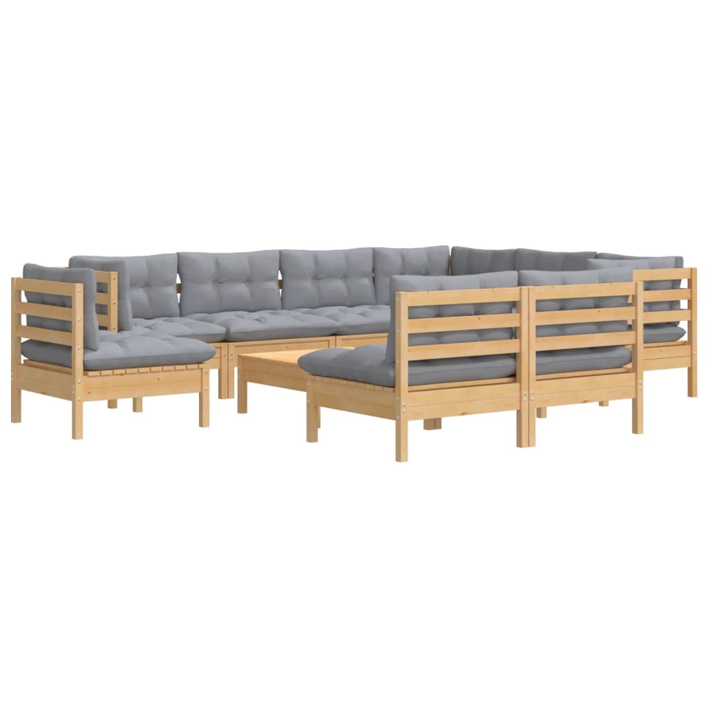 10Pcs conjunto lounge de jardim + almofadões cinza pinho maciço