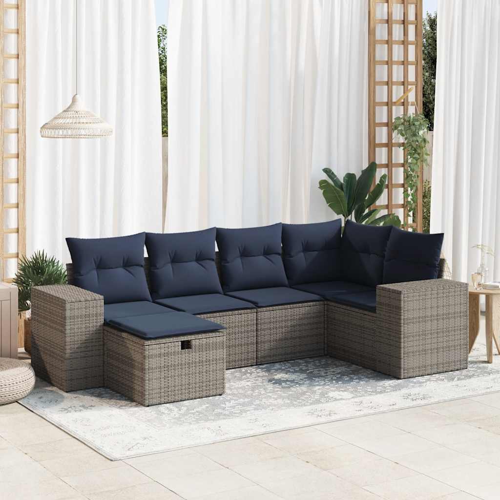 6 Pcs conjunto sofás de jardim com almofadões vime cinzento
