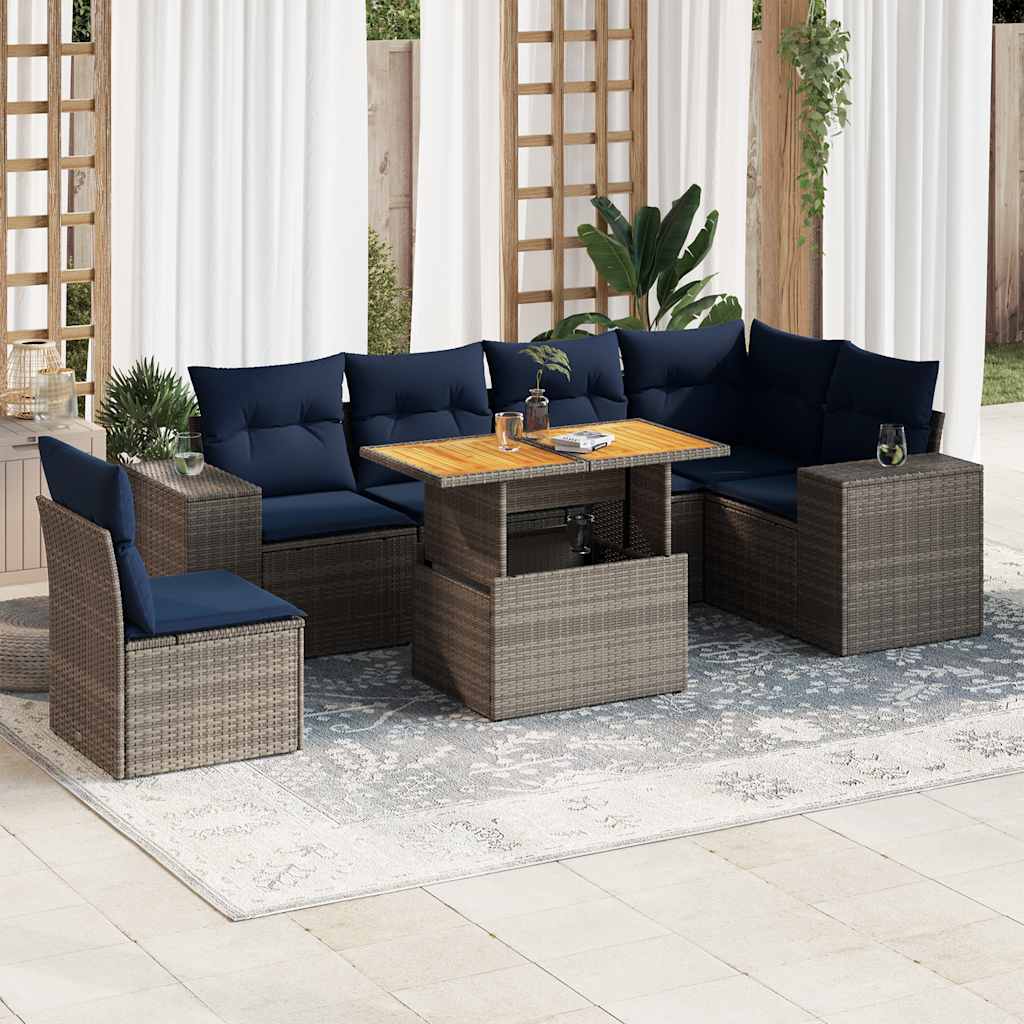 7 Pcs conjunto sofás p/ jardim c/ almofadões vime PE cinzento
