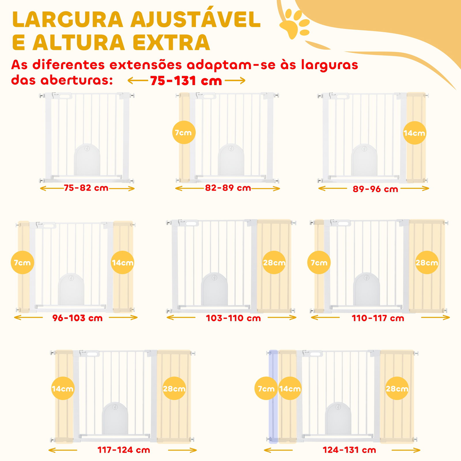 Barreira de Segurança de Animais de Estimação para Escadas e Portas com Aberturas de 75-131 cm com 3 Extensões Branco
