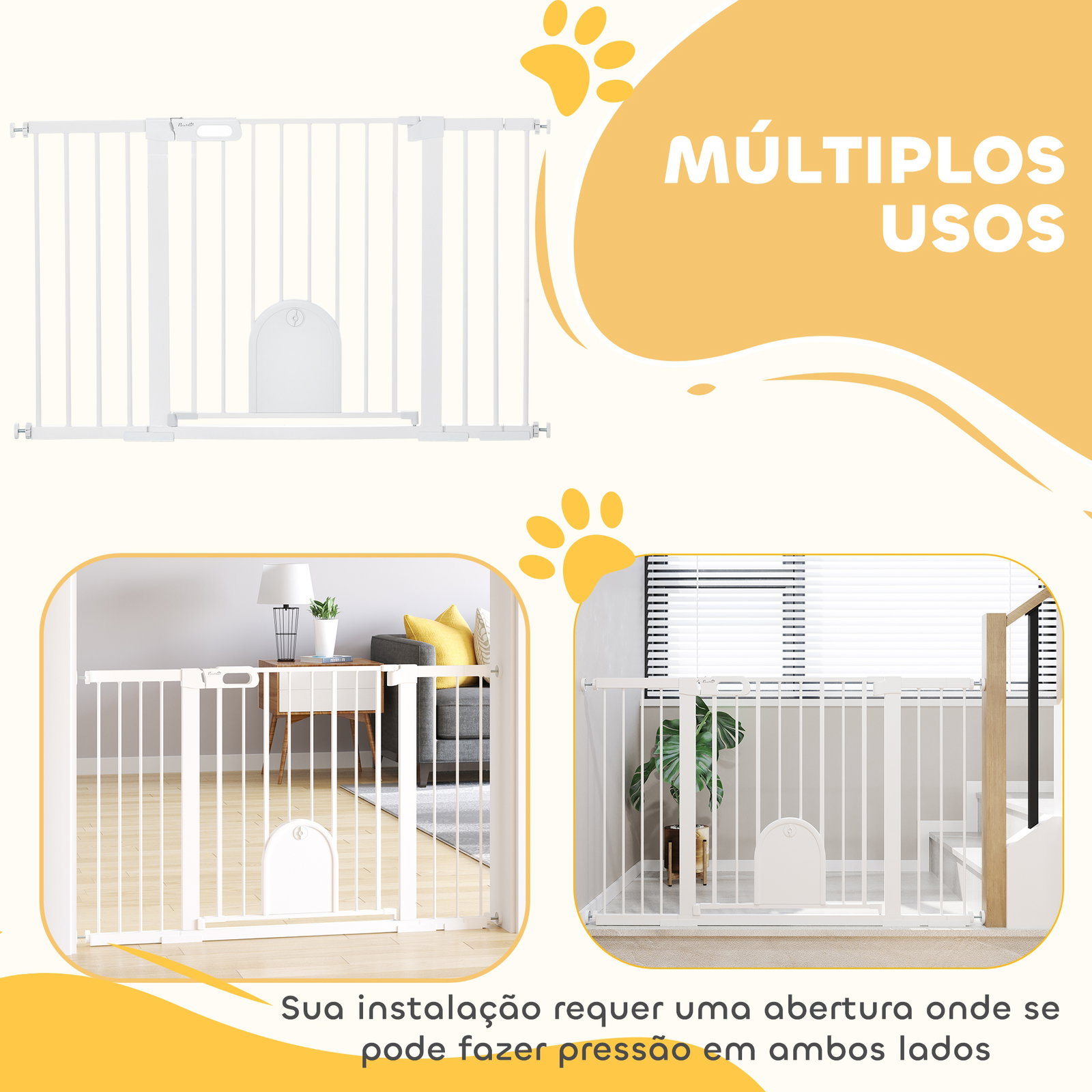 Barreira de Segurança de Animais de Estimação para Escadas e Portas com Aberturas de 75-131 cm com 3 Extensões Branco