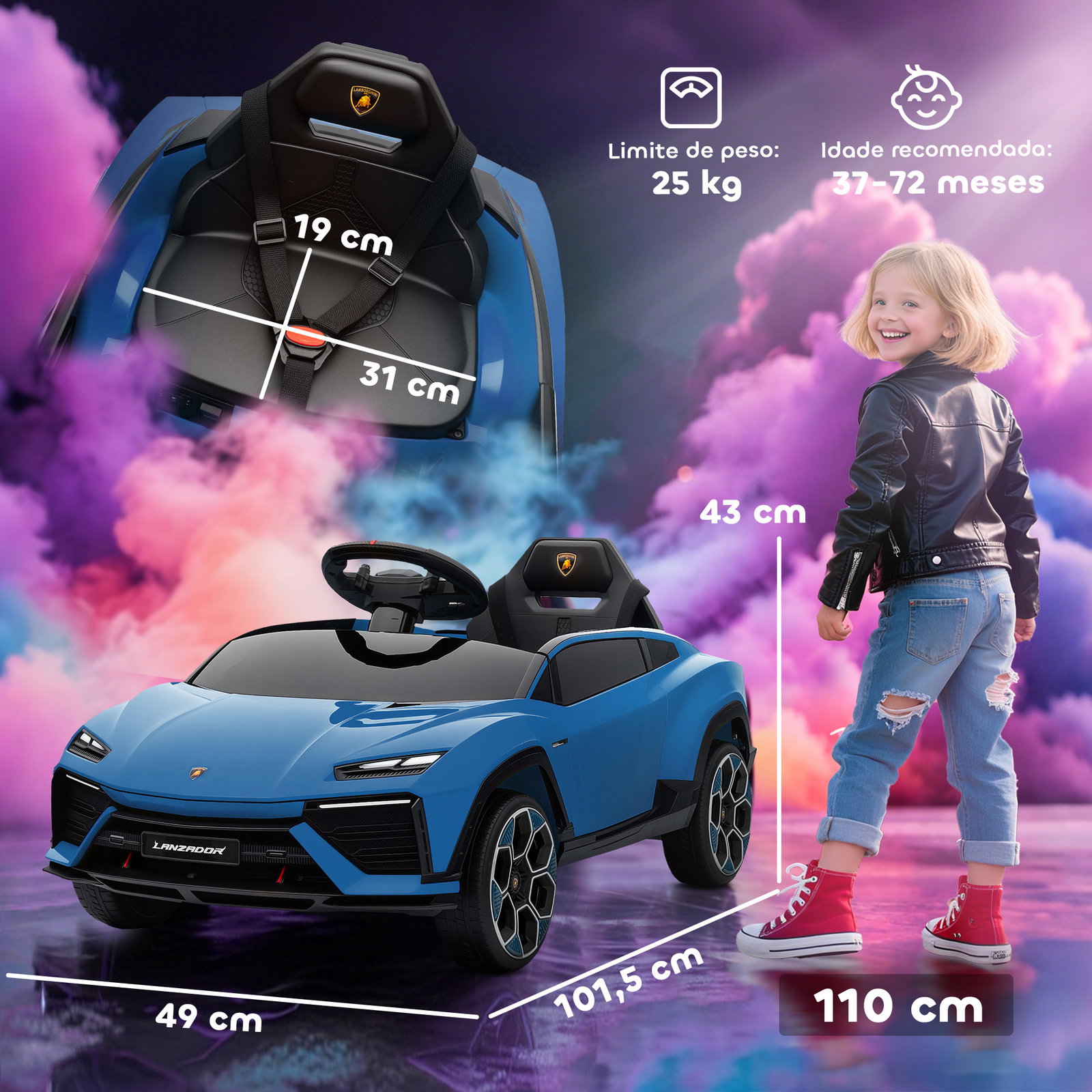 Carro elétrico para crianças 12v com motor duplo rodas com suspensão faróis música USB 101,5x49x43 cm azul