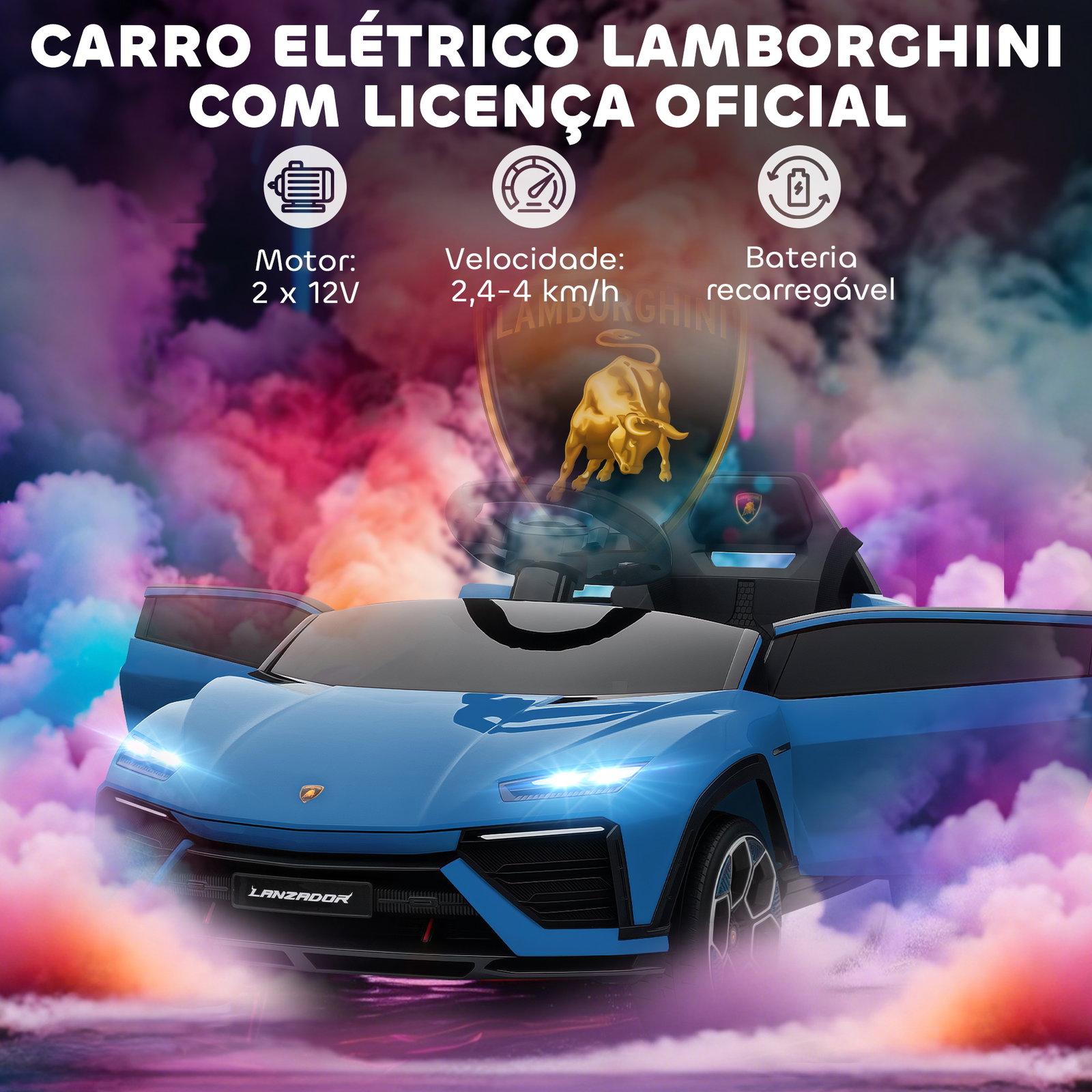 Carro elétrico para crianças 12v com motor duplo rodas com suspensão faróis música USB 101,5x49x43 cm azul