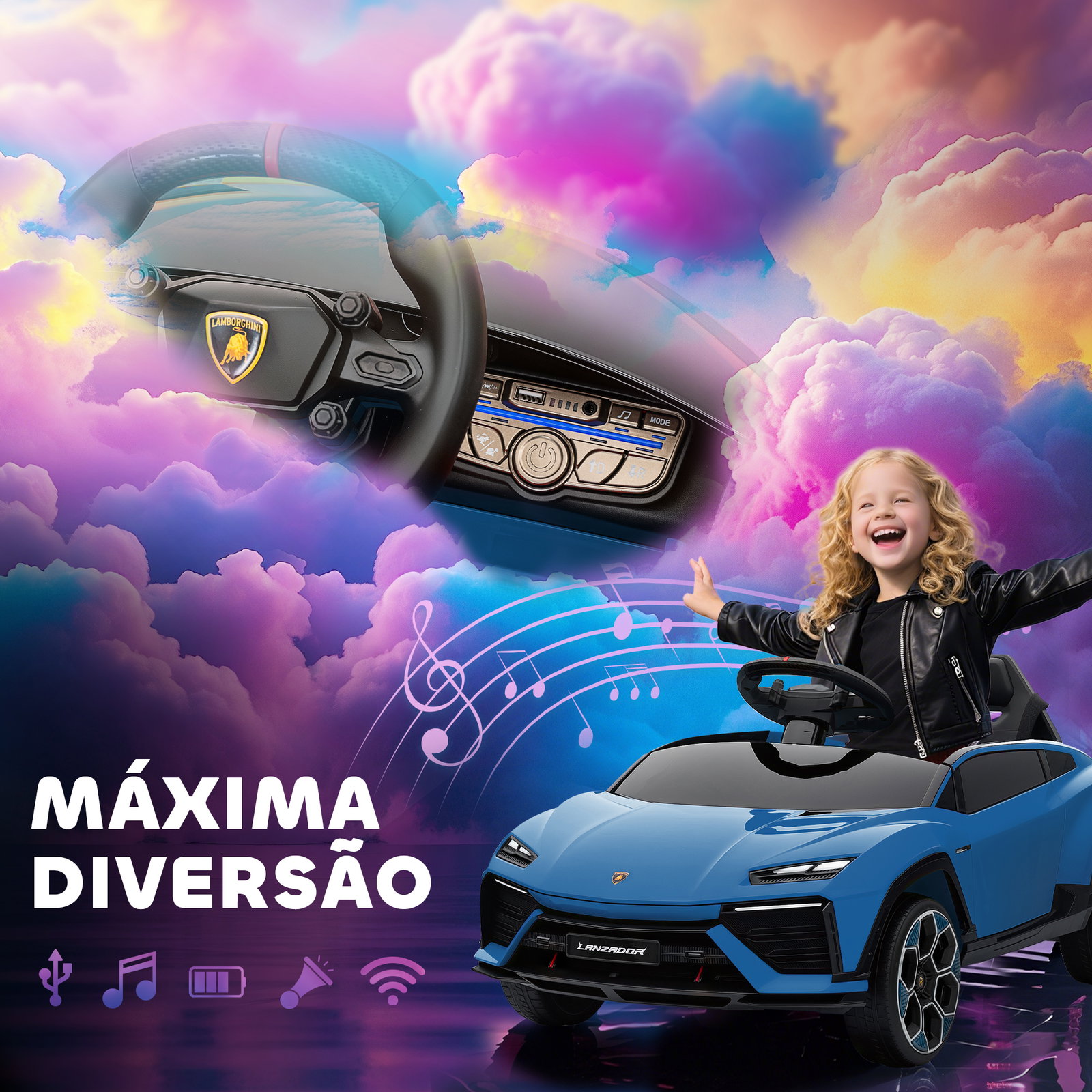 Carro elétrico para crianças 12v com motor duplo rodas com suspensão faróis música USB 101,5x49x43 cm azul