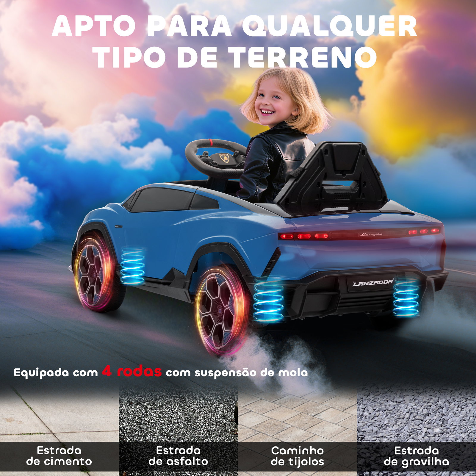 Carro elétrico para crianças 12v com motor duplo rodas com suspensão faróis música USB 101,5x49x43 cm azul