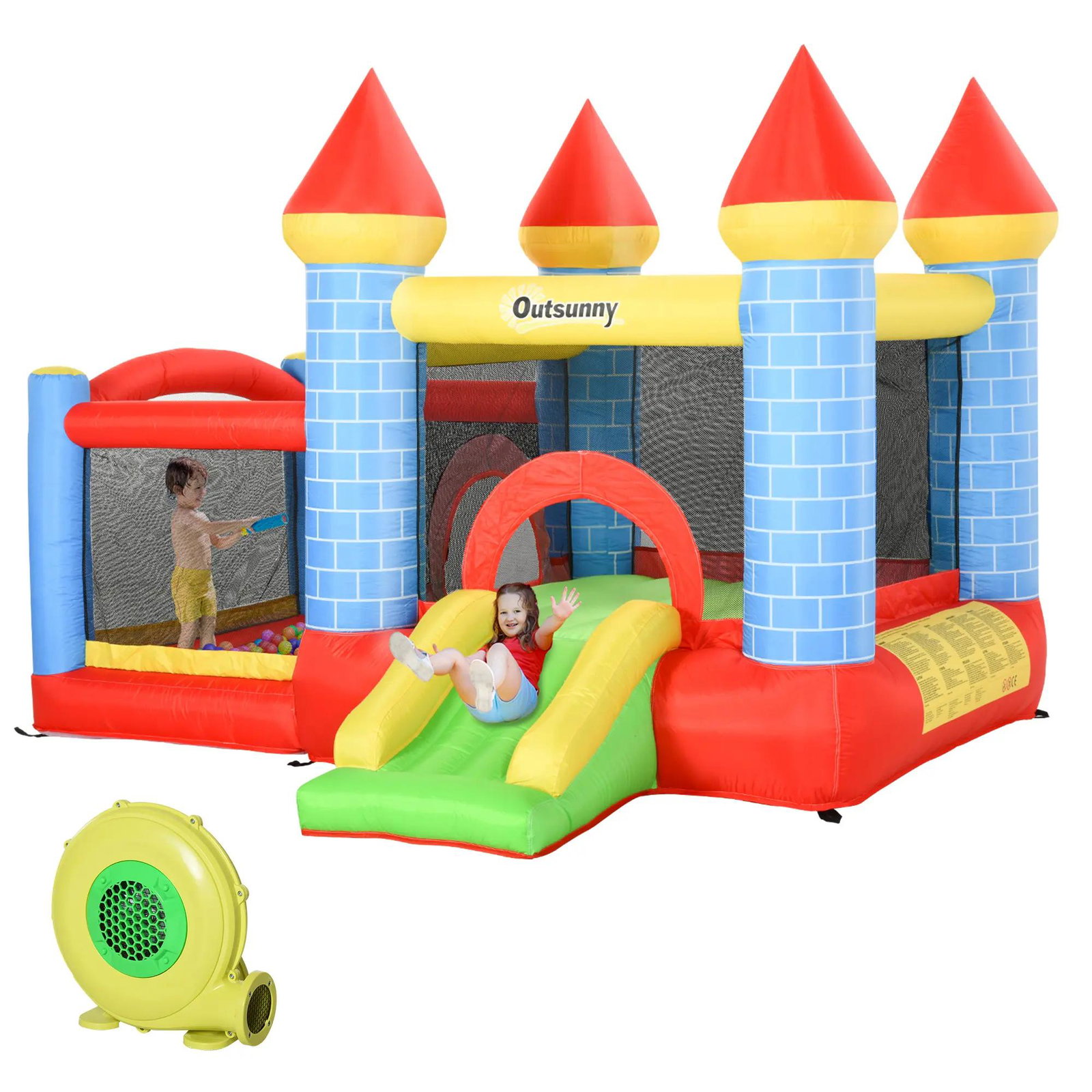 Castelo inflável infantil com escorrega cama de salto insuflador e bolsa de transporte para interior e exterior 280x260x210 cm multicolor