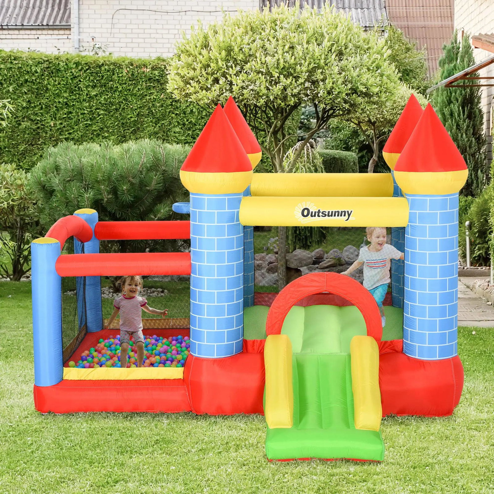Castelo inflável infantil com escorrega cama de salto insuflador e bolsa de transporte para interior e exterior 280x260x210 cm multicolor