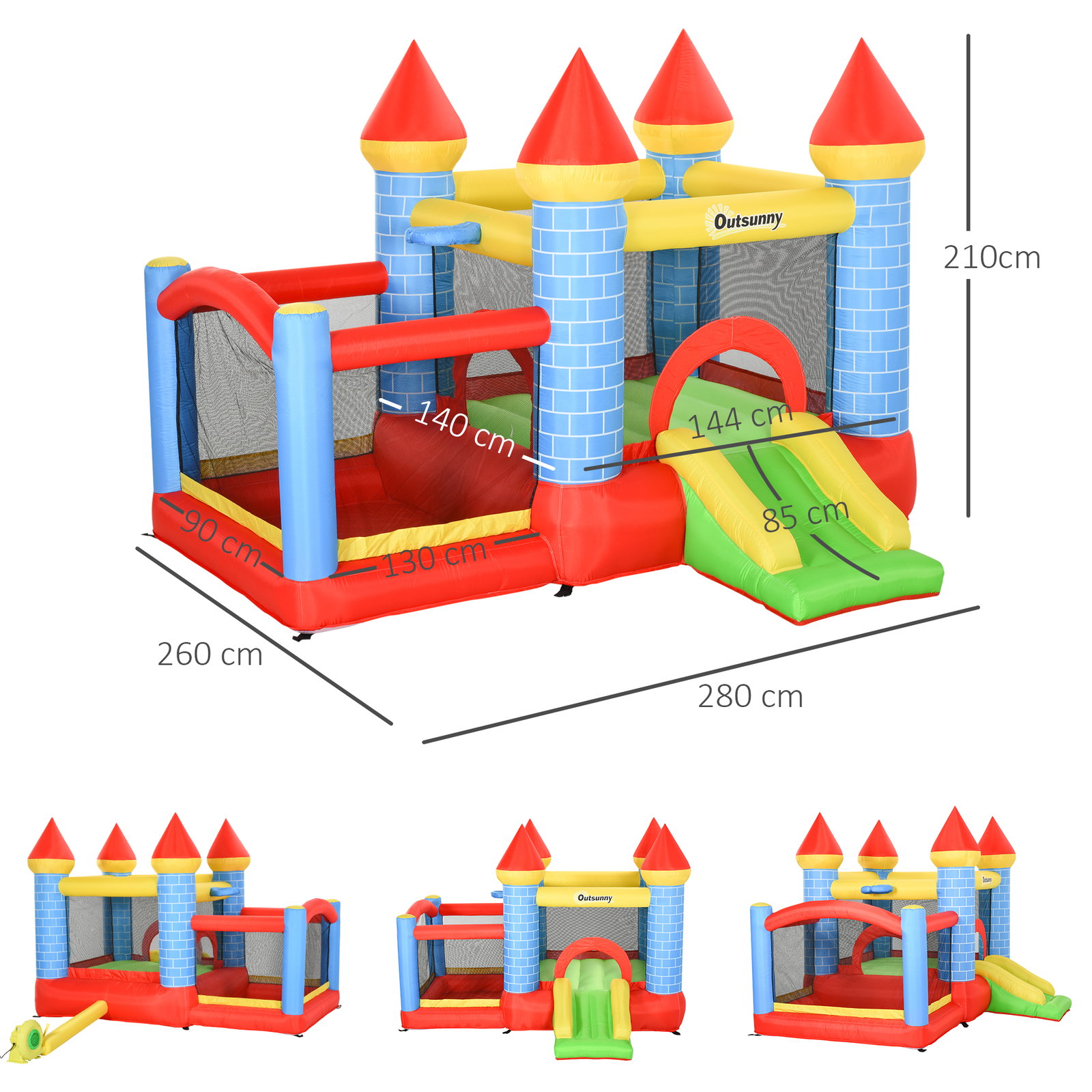 Castelo inflável infantil com escorrega cama de salto insuflador e bolsa de transporte para interior e exterior 280x260x210 cm multicolor