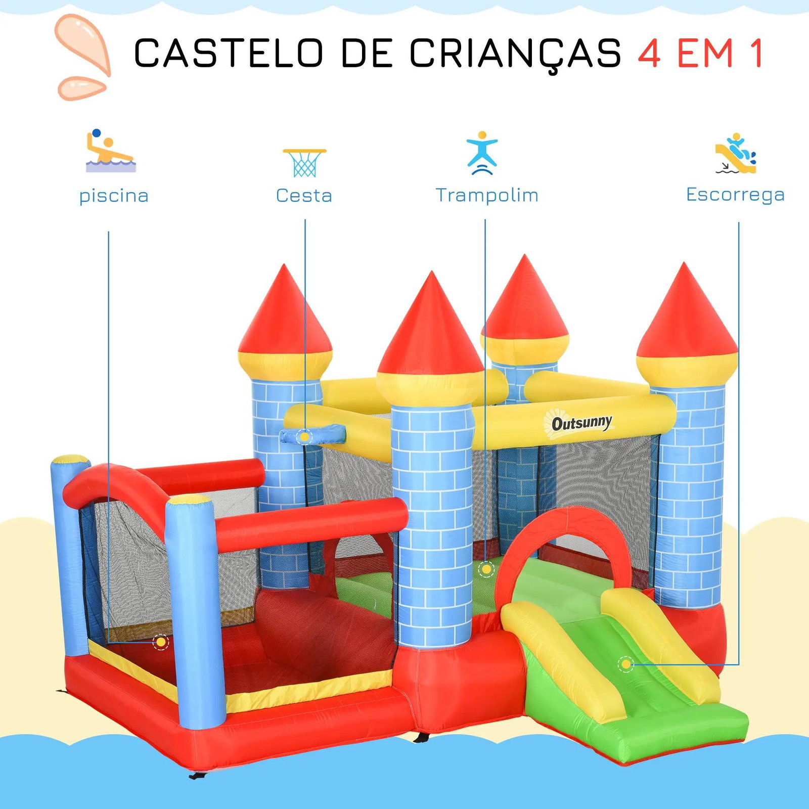 Castelo inflável infantil com escorrega cama de salto insuflador e bolsa de transporte para interior e exterior 280x260x210 cm multicolor