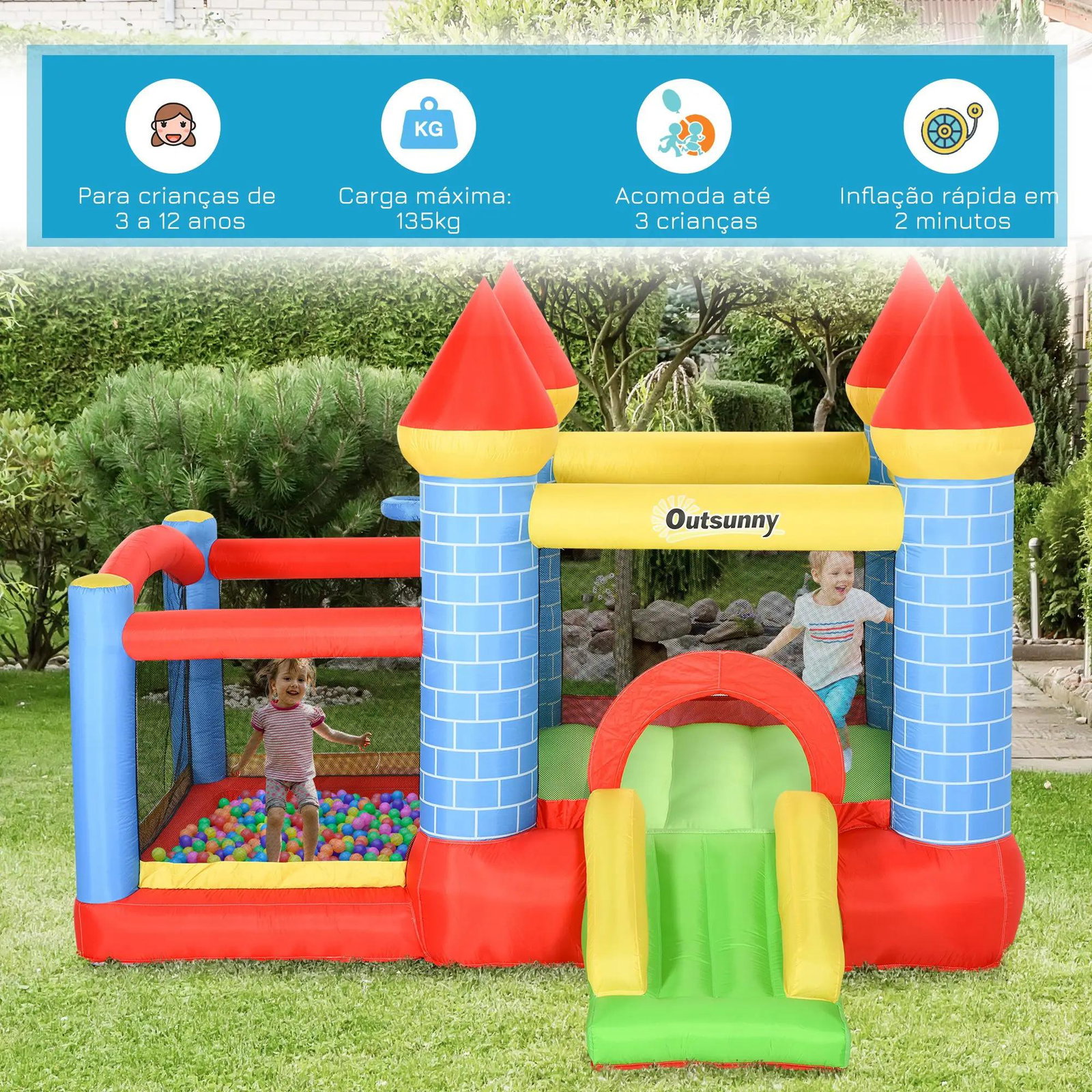 Castelo inflável infantil com escorrega cama de salto insuflador e bolsa de transporte para interior e exterior 280x260x210 cm multicolor