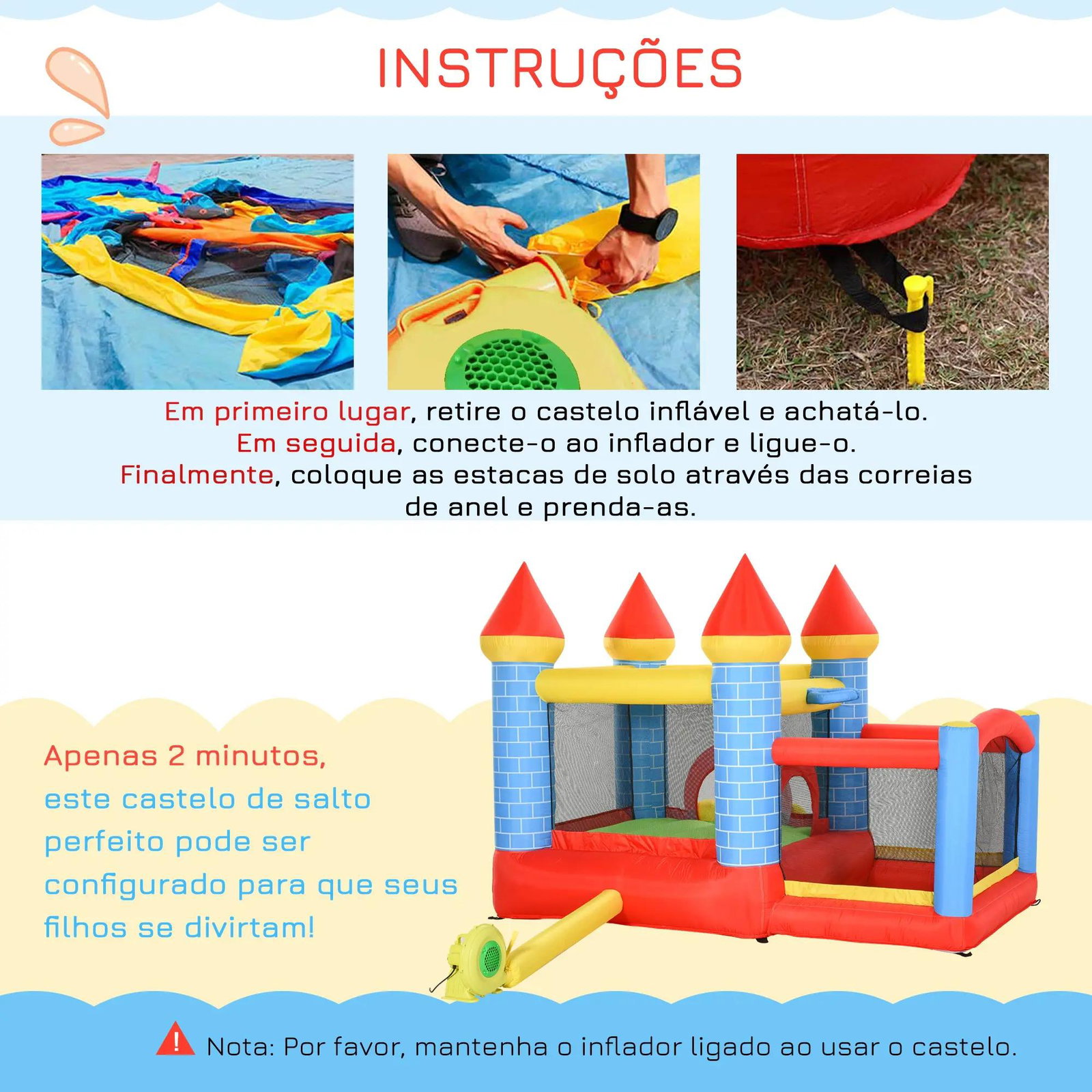 Castelo inflável infantil com escorrega cama de salto insuflador e bolsa de transporte para interior e exterior 280x260x210 cm multicolor