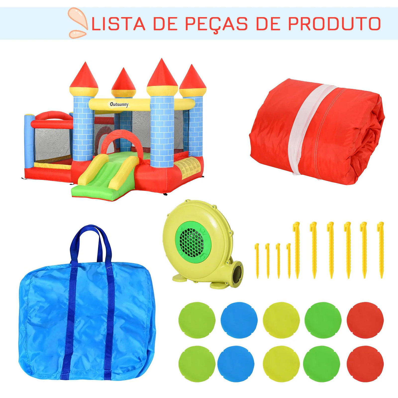 Castelo inflável infantil com escorrega cama de salto insuflador e bolsa de transporte para interior e exterior 280x260x210 cm multicolor