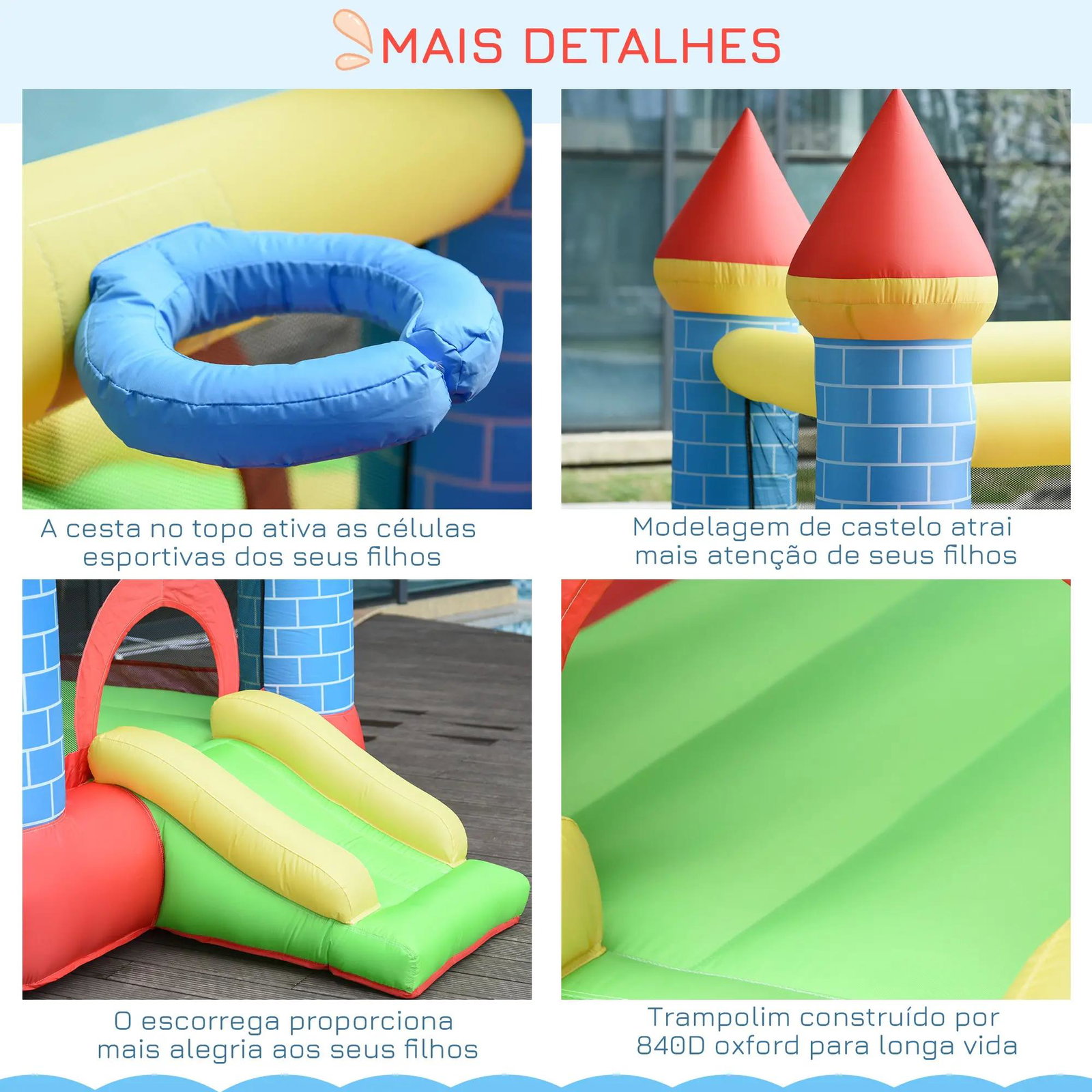 Castelo inflável infantil com escorrega cama de salto insuflador e bolsa de transporte para interior e exterior 280x260x210 cm multicolor