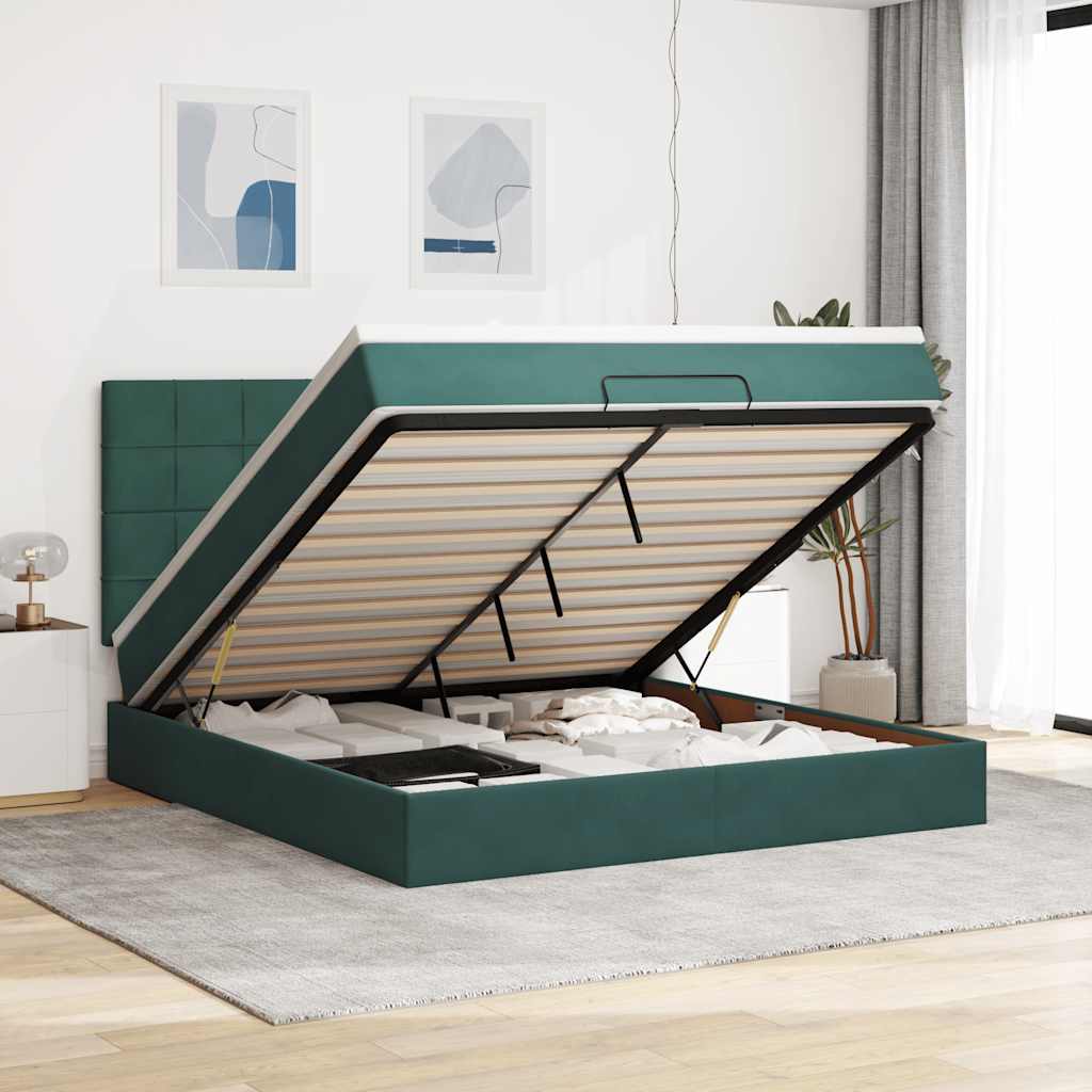 Estrutura de cama otomana com colchão verde escuro veludo