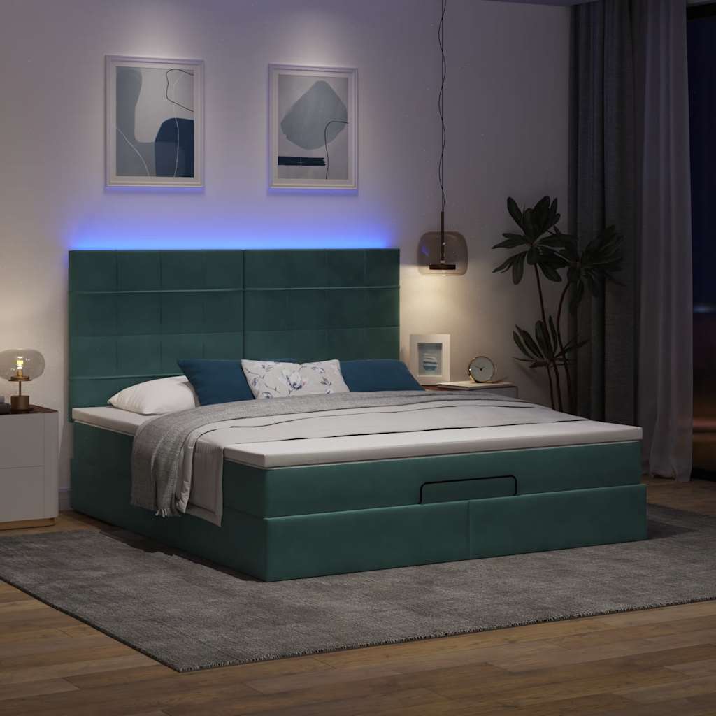 Estrutura de cama otomana com colchão verde escuro veludo