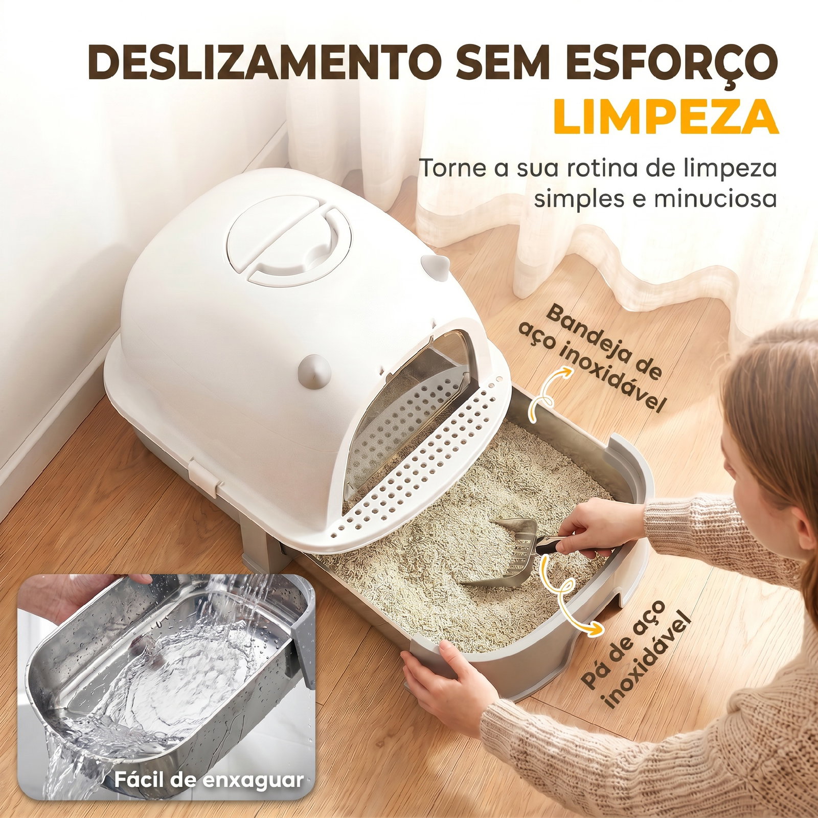 Caixa de areia para gatos l com tampa superior removível tabuleiro em aço inoxidável porta frontal e pá cinza