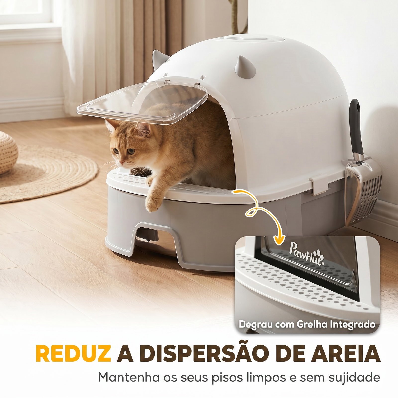 Caixa de areia para gatos l com tampa superior removível tabuleiro em aço inoxidável porta frontal e pá cinza