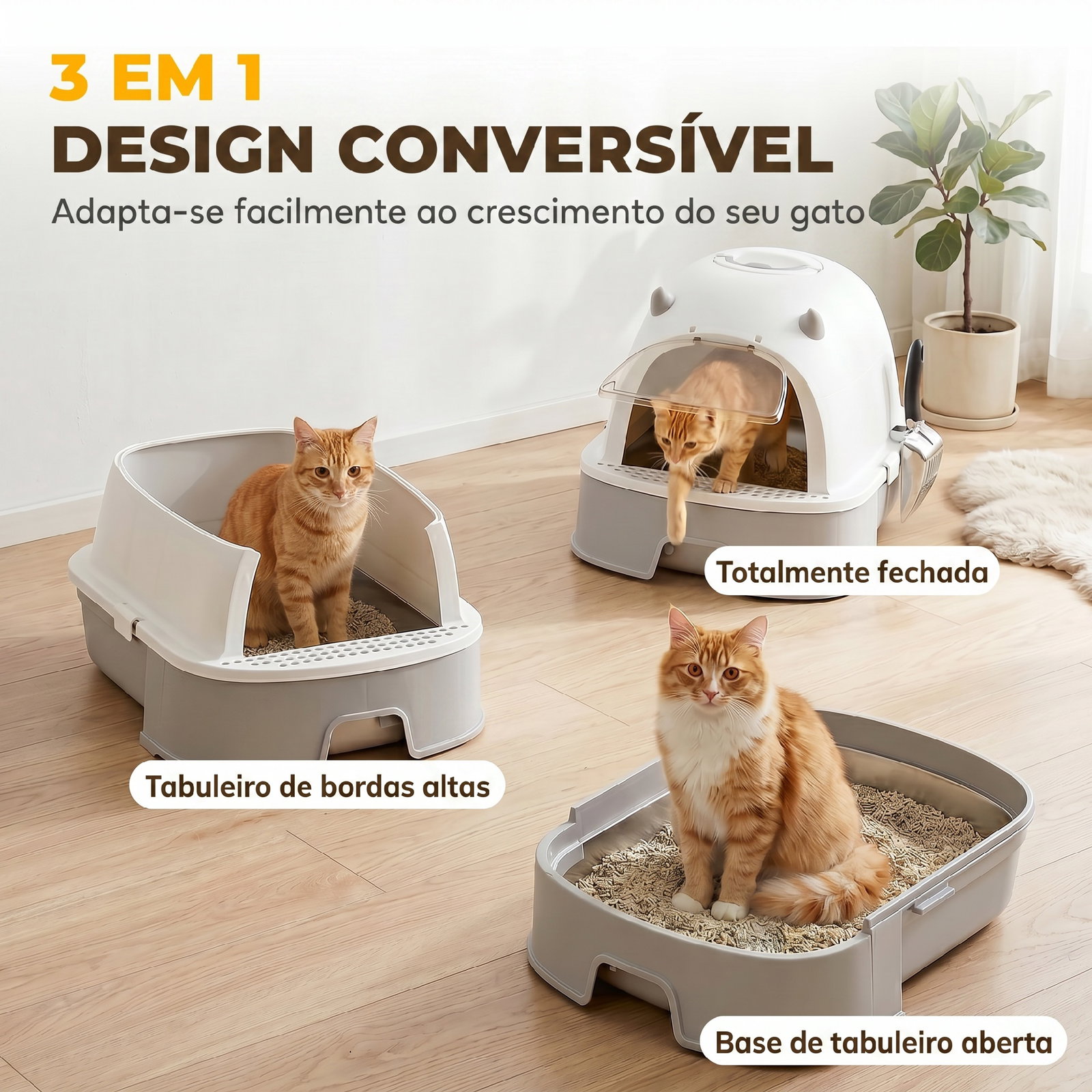 Caixa de areia para gatos l com tampa superior removível tabuleiro em aço inoxidável porta frontal e pá cinza