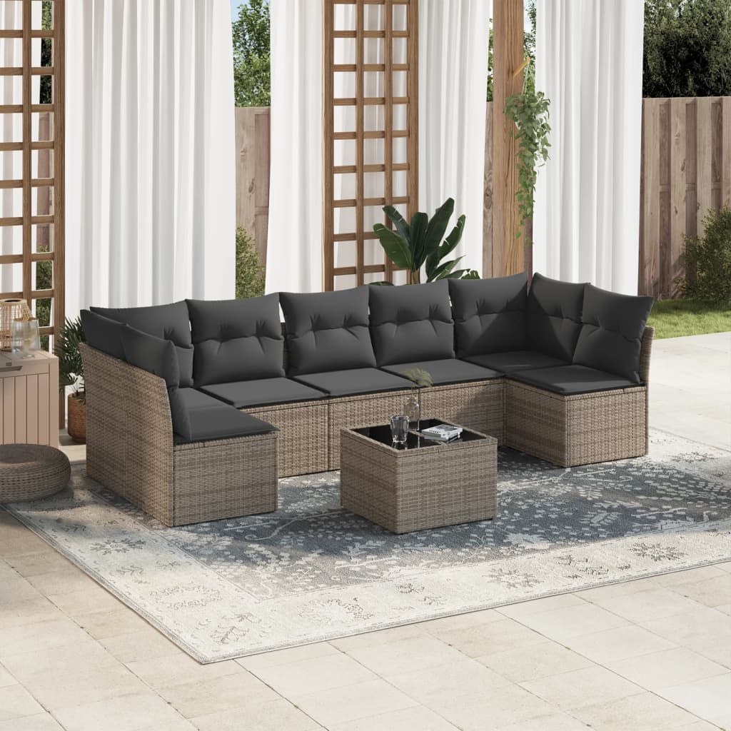 8 Pcs conjunto sofás de jardim c/ almofadões vime PE cinzento