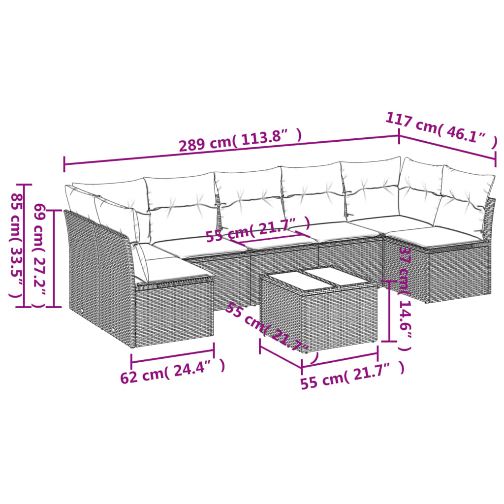 8 Pcs conjunto sofás de jardim c/ almofadões vime PE cinzento